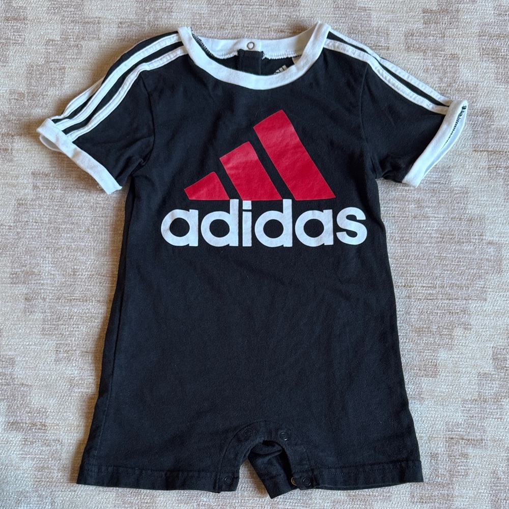 Adidas Black Romper with Red Logo and White Stripes size 18M
